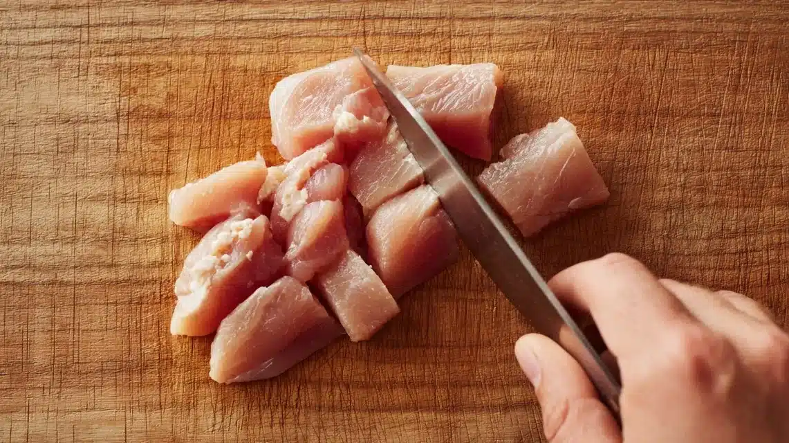 Dicing raw chicken breast Diced chicken on cutting board