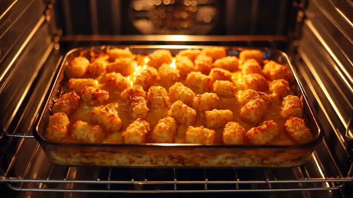 : Preheating oven to 375°F Oven ready for chicken bacon ranch tater tot casserole