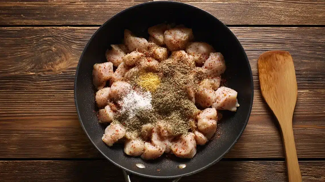 Seasoning diced chicken Bowl of seasoned chicken pieces