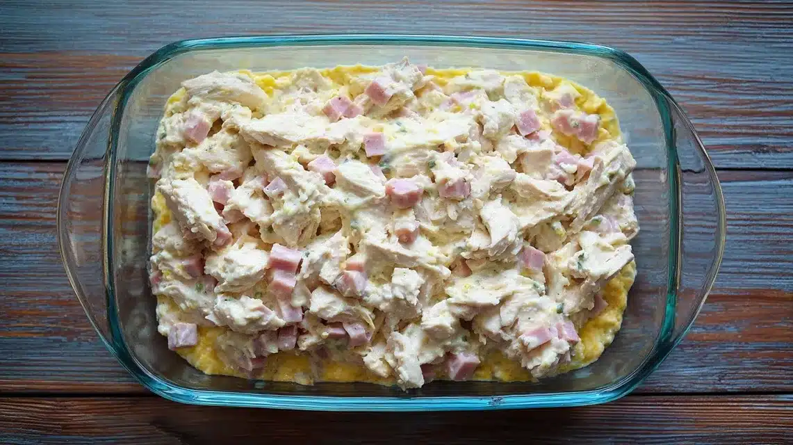 Layering chicken and ham Layering ham over cooked chicken for chicken cordon bleu casserole