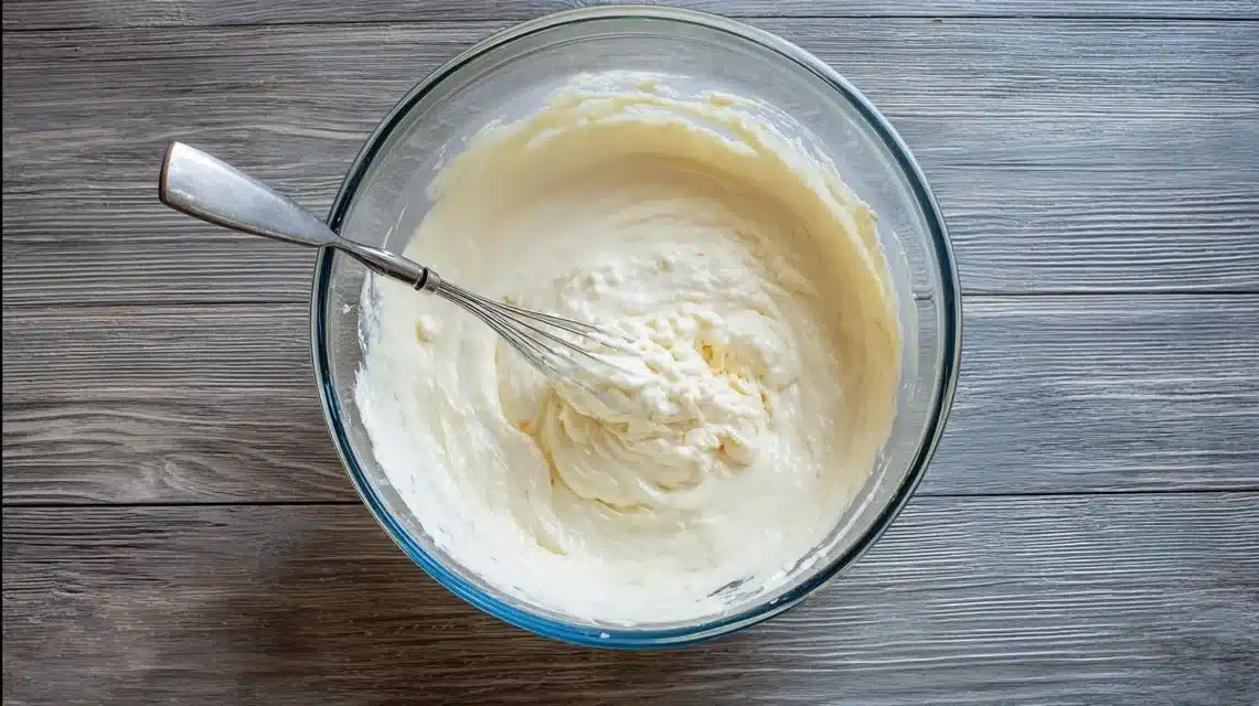 Mixing soup, sour cream, and ranch Ranch mixture for chicken bacon ranch tater tot casserole
