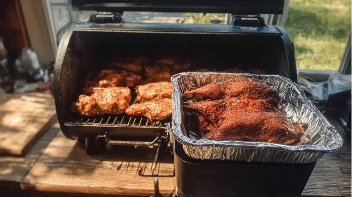 Preheating smoker to 225°F with apple wood chips Smoker prepped for smoked chicken breast recipe with apple wood