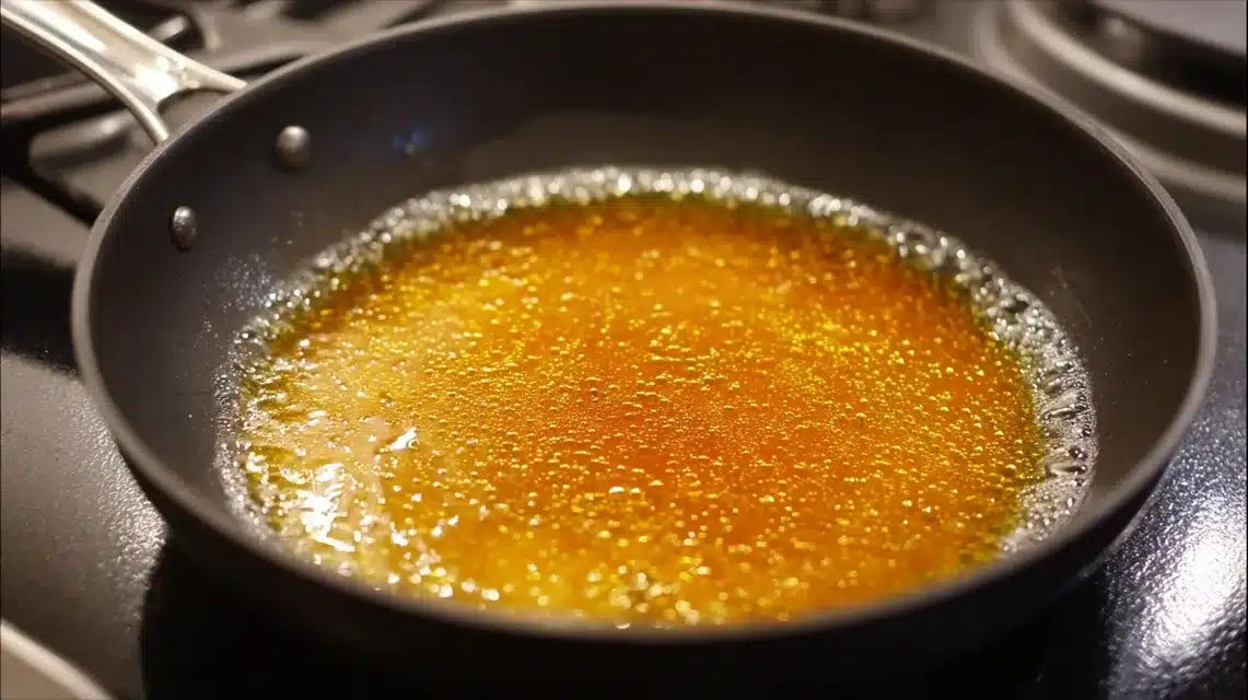 Heating oil in skillet Skillet warming with oil