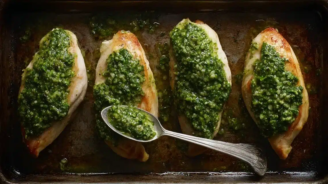 Spreading pesto onto chicken adding pesto to baked pesto chicken