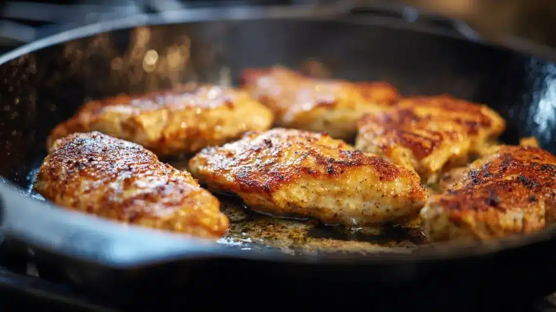 Cooking diced chicken Chicken searing in a hot skillet