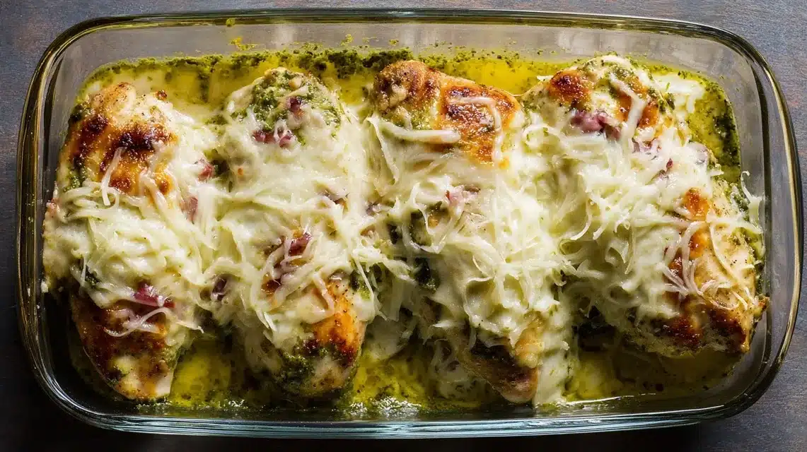 Adding mozzarella over pesto chicken cheese topping for baked pesto chicken