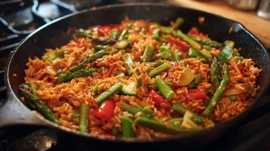 Adding rice and vegetables Mixing vegetables into cooked chicken