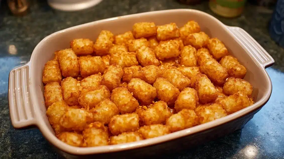 Layering frozen tater tots Adding tater tots to chicken bacon ranch tater tot casserole