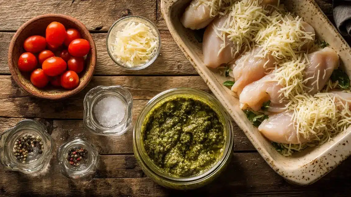 Ingredients for Baked Pesto Chicken Ingredients for baked pesto chicken laid out on wooden kitchen counter
