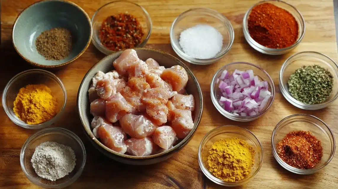 Ingredients setup for diced chicken breast recipes Diced chicken breast recipes ingredient prep on wooden surface