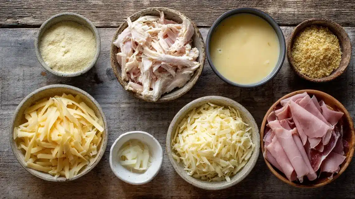 Ingredients for Chicken Cordon Bleu Casserole Chicken cordon bleu casserole ingredients laid out in bowls