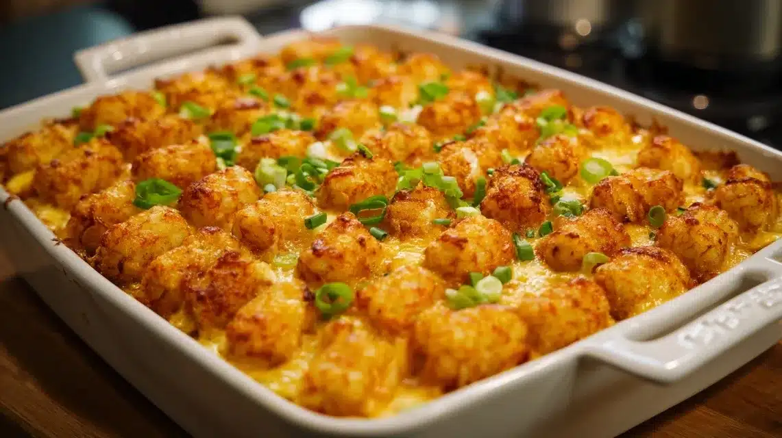 Finished casserole out of oven Chicken bacon ranch tater tot casserole hot and golden