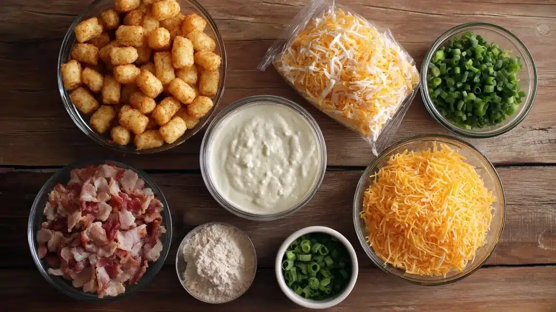 : Ingredients for chicken bacon ranch tater tot casserole Ingredients laid out for chicken bacon ranch tater tot casserole