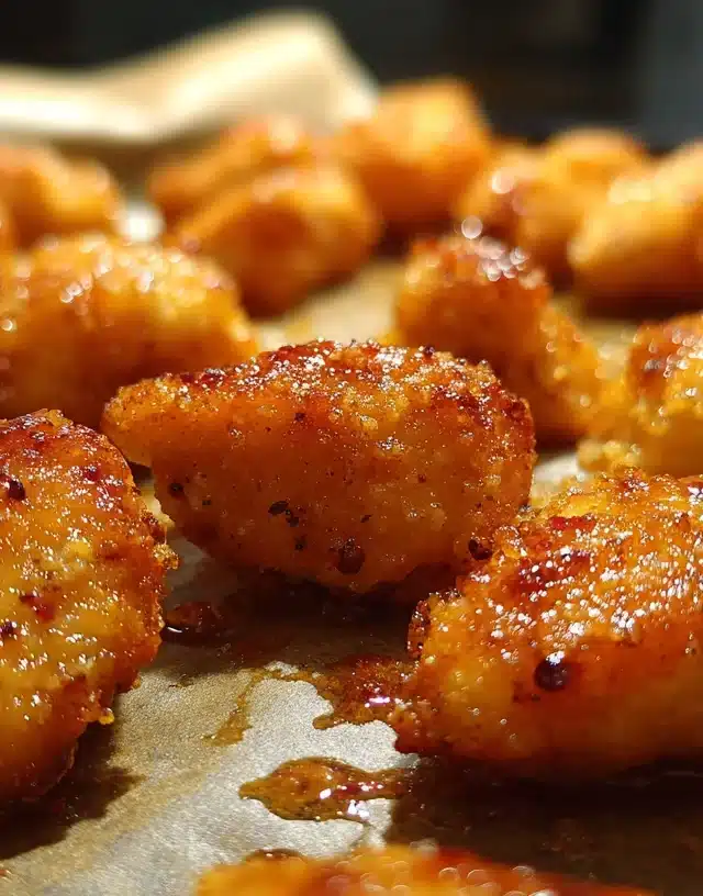 Baked chicken bites on tray fresh from oven