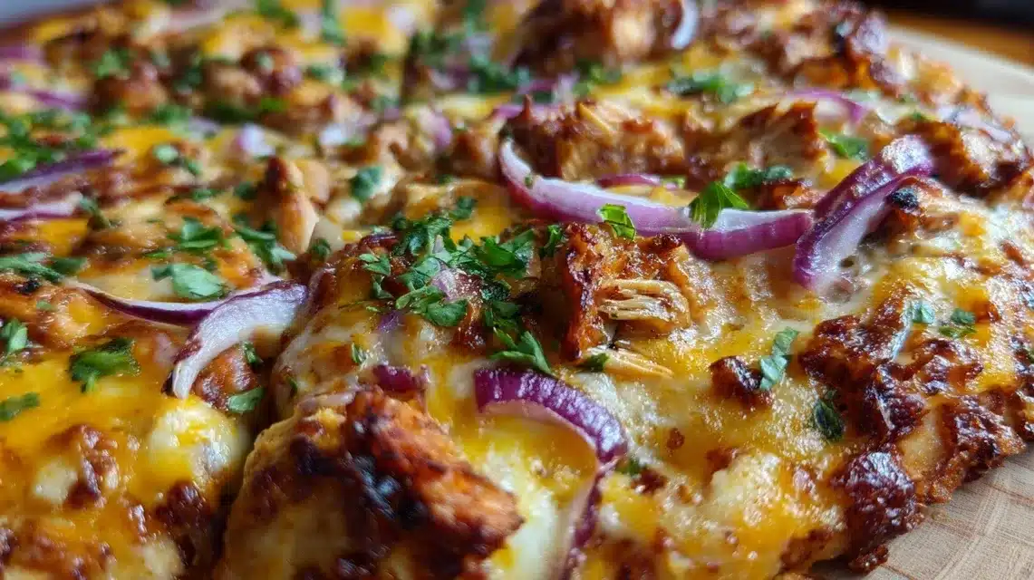 bbq-chicken-crust-pizza BBQ chicken crust pizza with cheddar and onion