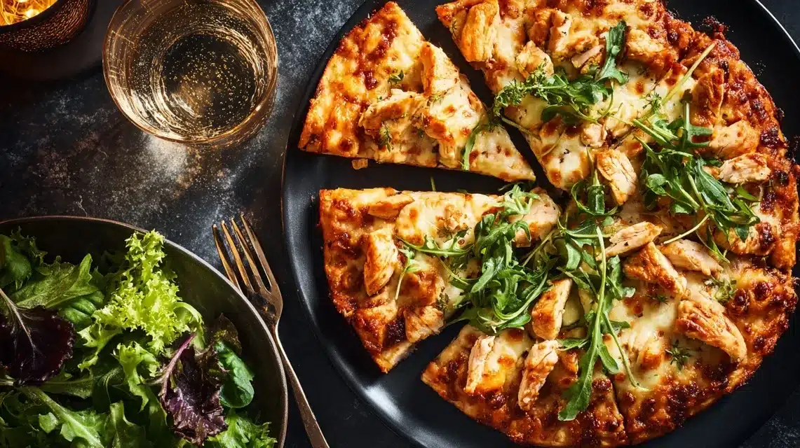 chicken-crust-pizza-dinner-plate Chicken crust pizza with salad and drink