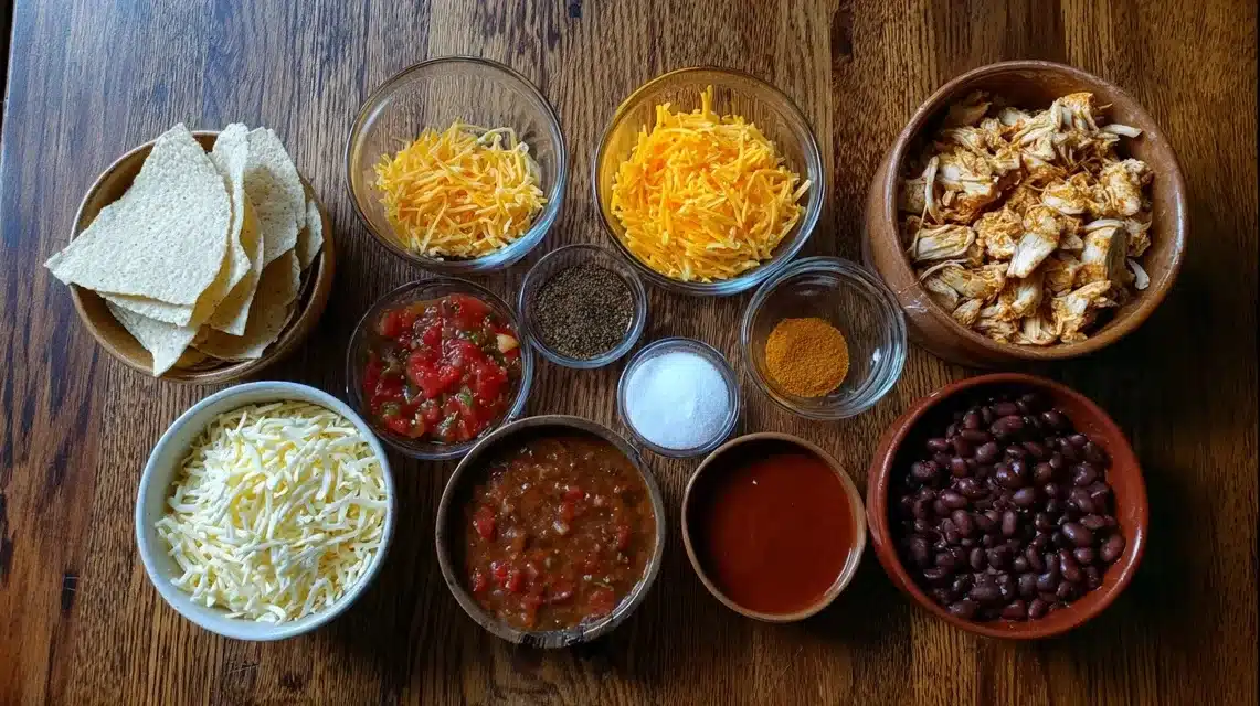 chicken-taco-casserole-ingredients. Ingredients for chicken taco casserole recipe