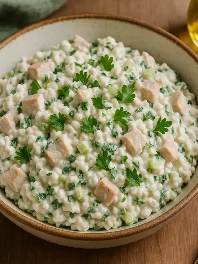 Cottage cheese chicken salad in a rustic bowl