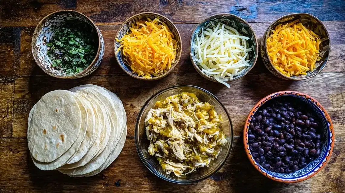 green-chili-ingredients-flatlay Ingredients for green chili chicken enchilada casserole