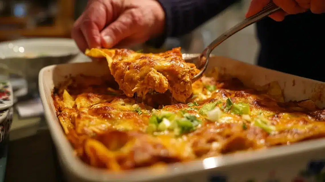 layering-green-chili-chicken-casserole Layering green chili chicken enchilada casserole step