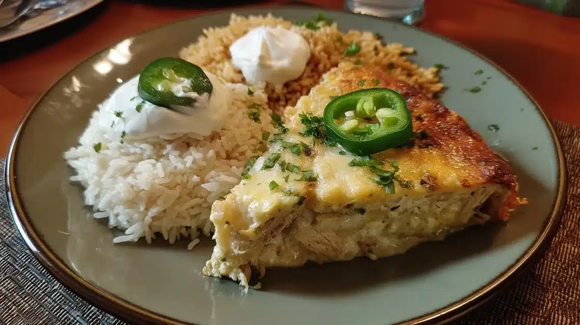 served-green-chili-casserole-toppings Served green chili enchilada casserole with toppings
