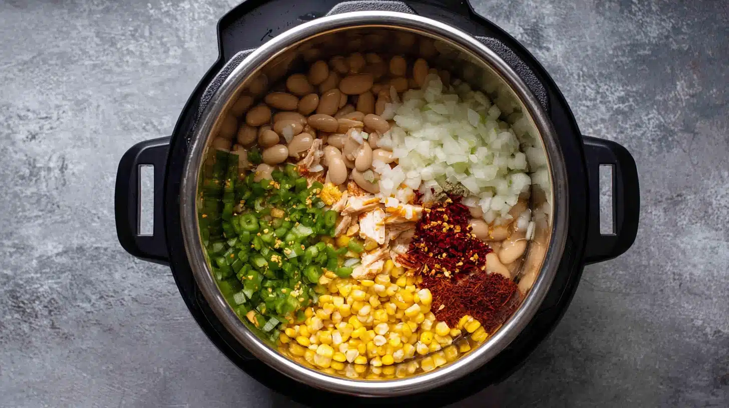 1 Sautéing aromatics with green chilies Base ingredients for chicken white bean chili instant pot