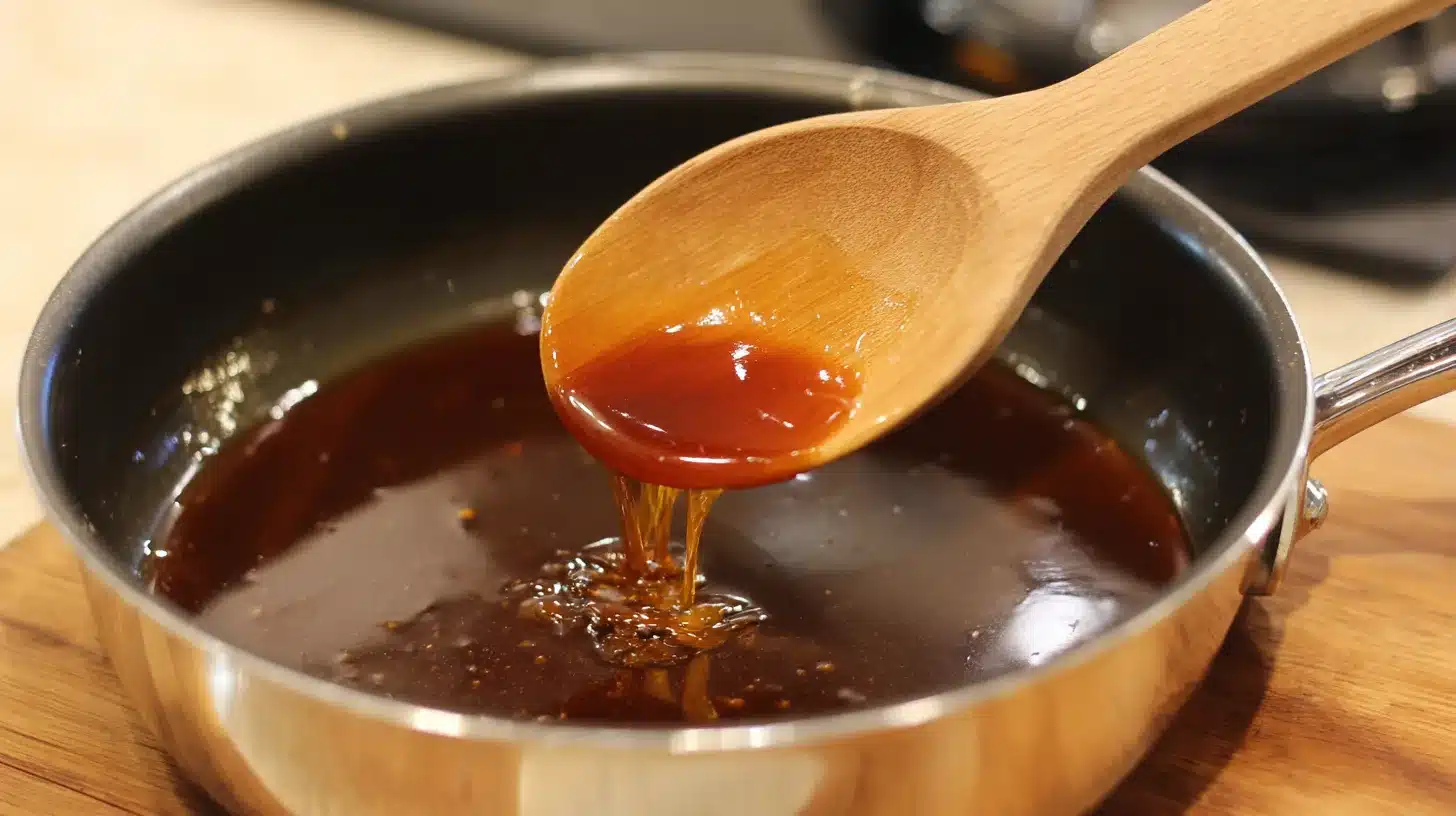 Simmering teriyaki sauce in saucepan Grilled Teriyaki Chicken Thighs homemade sauce simmering