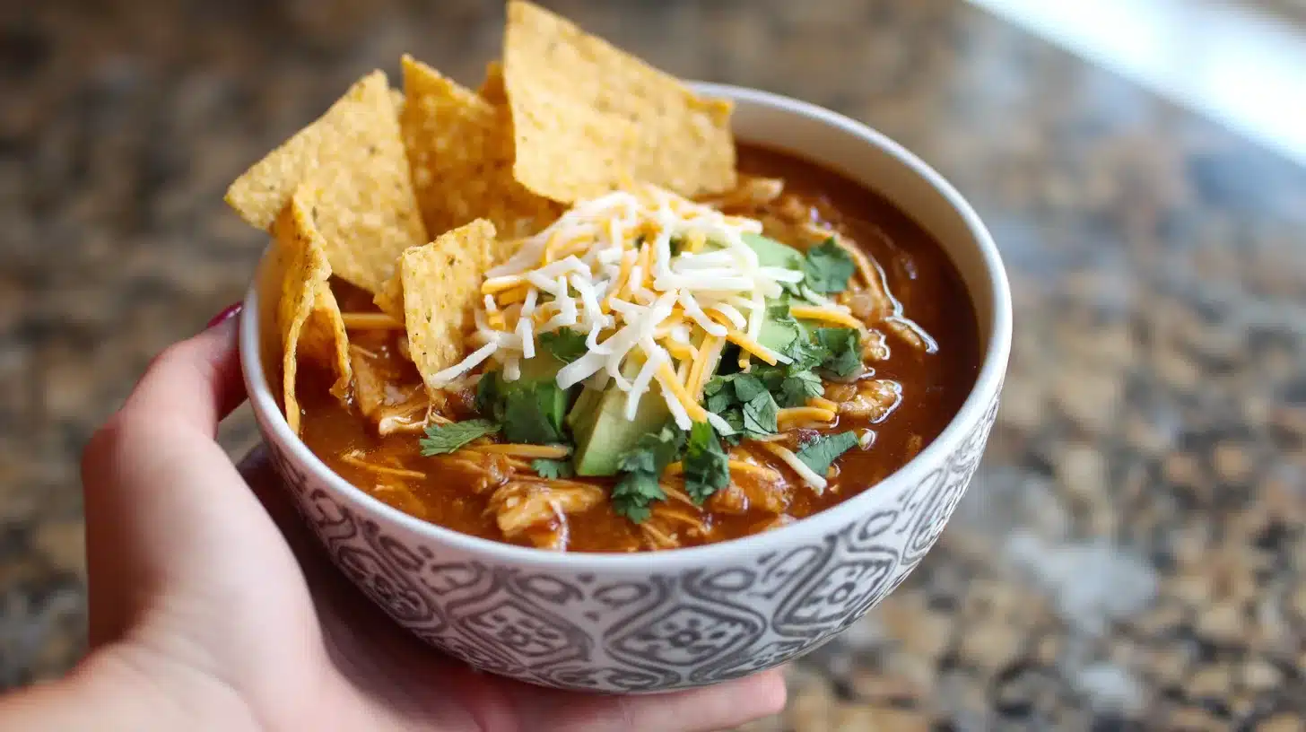 10Serving chicken white bean chili Chicken white bean chili Instant Pot topped with cheese and chips