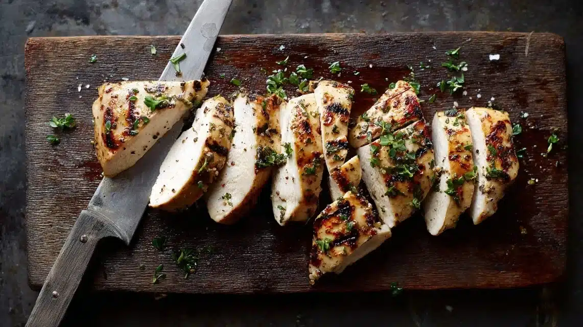Grilled chicken breast resting before slicing Cooked chicken breast for honey BBQ chicken bowls