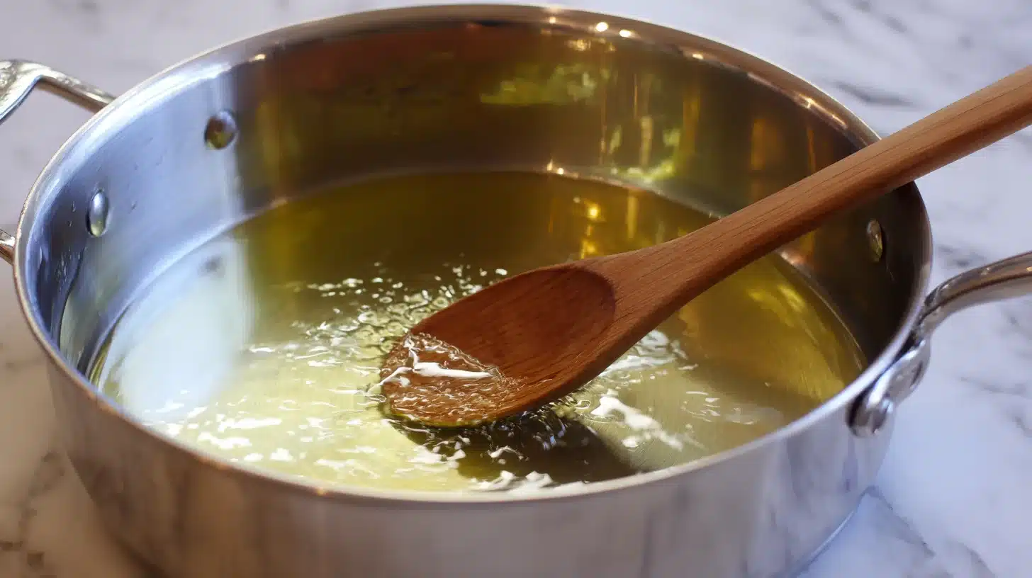 Heating olive oil in a soup pot Spicy chipotle chicken soup begins with hot olive oil