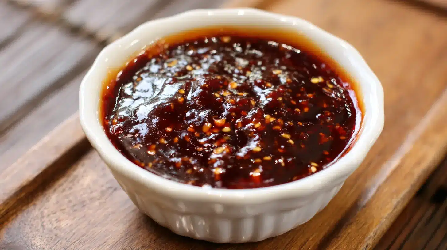 Mixing BBQ sauce and pineapple in a bowl Sweet pineapple BBQ sauce for Hawaiian BBQ chicken recipe