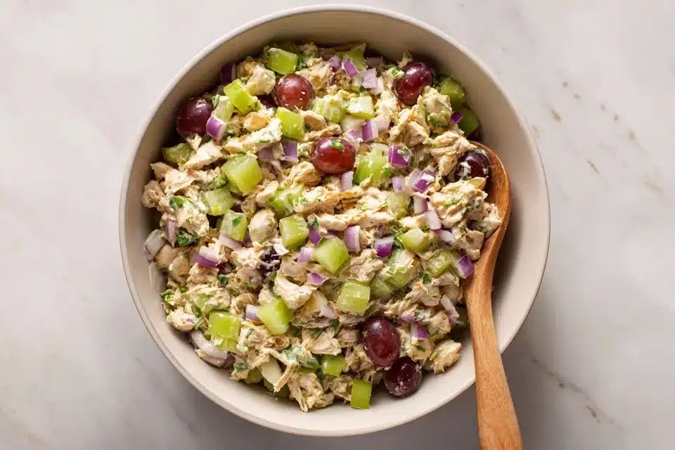 Mixing chicken, celery, onion, and grapes chicken salad with cottage cheese ingredients in bowl