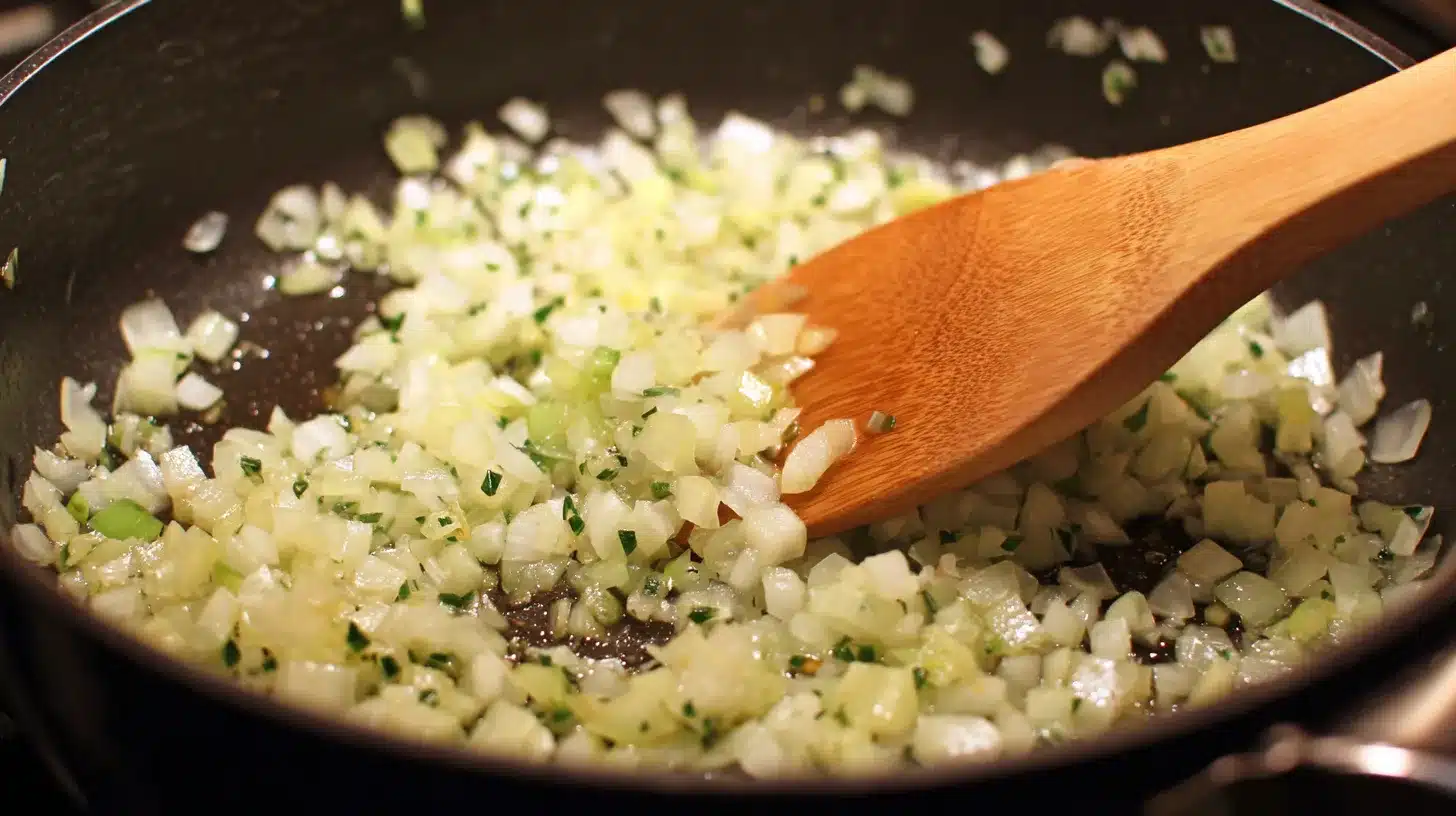 Sautéing diced onions in olive oil Sautéing onions for Peruvian chicken stew