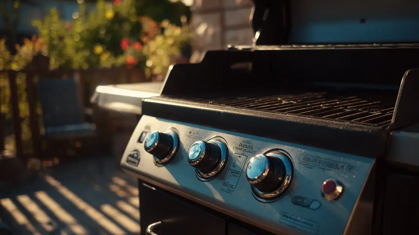 Preheating a gas grill with closed lid Grill preheating to 400°F for grilled boneless chicken thighs