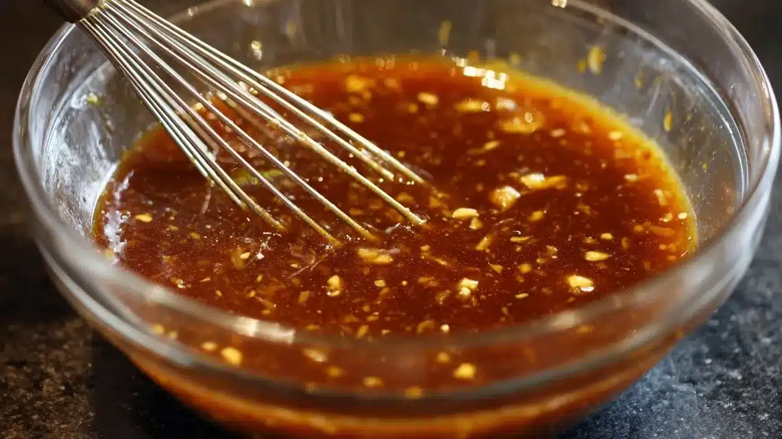 Mixing teriyaki marinade Whisking marinade for grilled teriyaki chicken