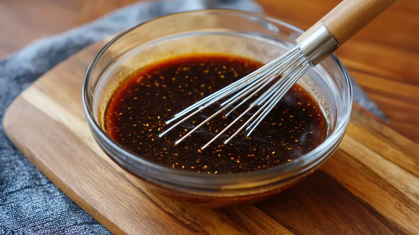 1Mixing homemade teriyaki marinade Whisking teriyaki marinade for grilled chicken in glass bowl