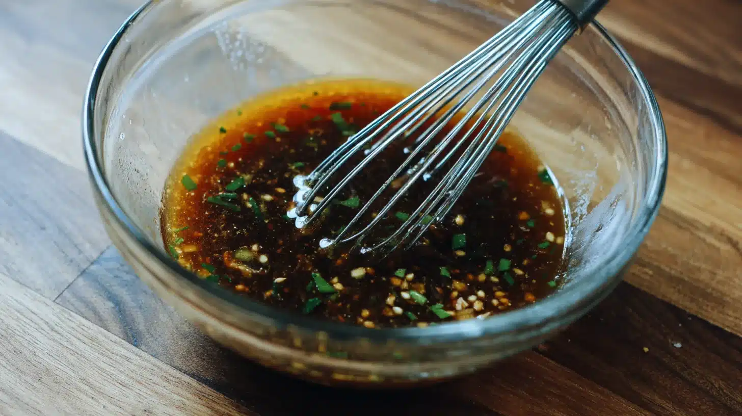 1Mixing teriyaki marinade in a bowl Whisking marinade for Panda Express Grilled Teriyaki Chicken