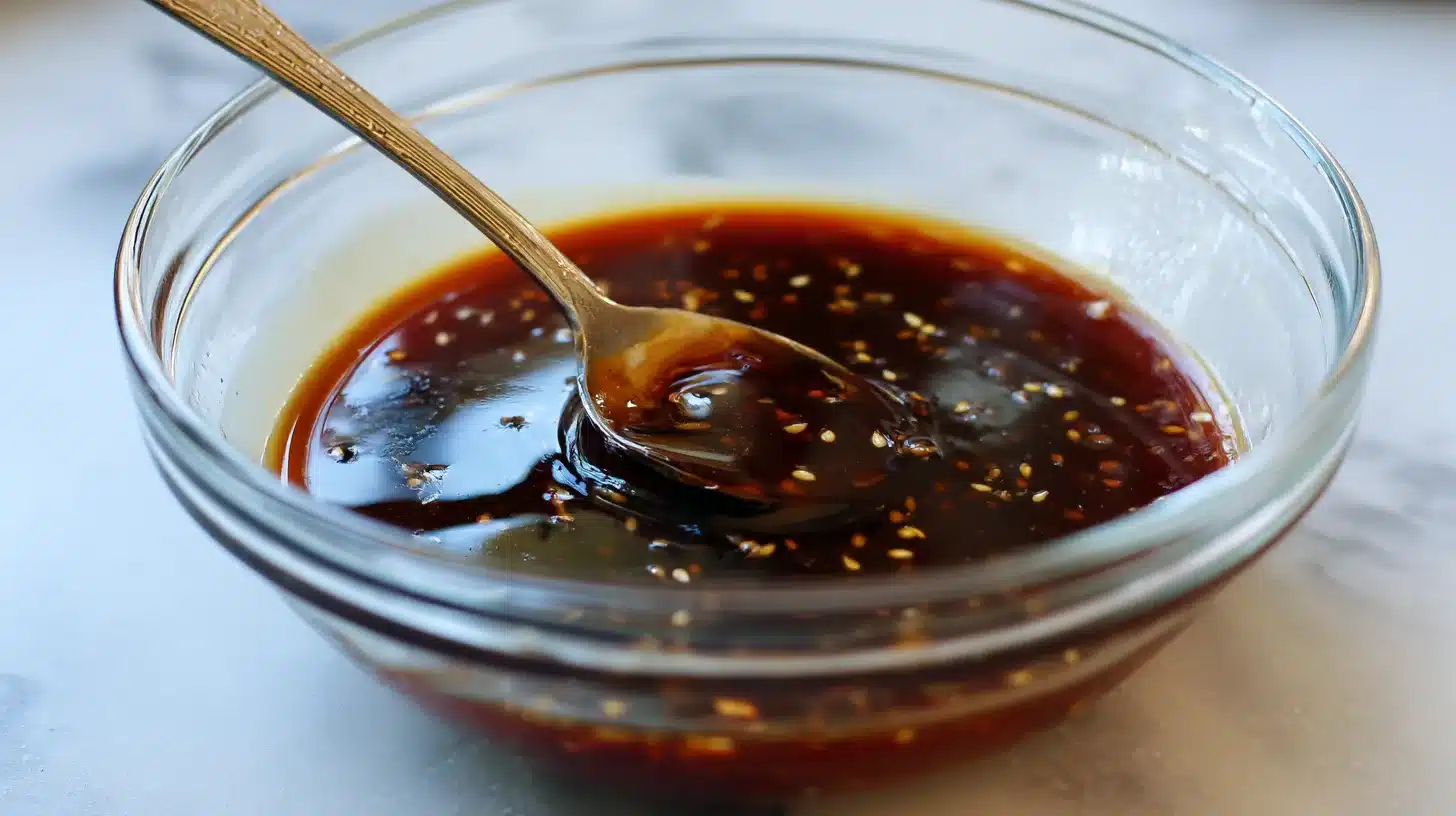 1Whisking teriyaki marinade Panda Express Quick Grilled Teriyaki Chicken marinade in mixing bowl