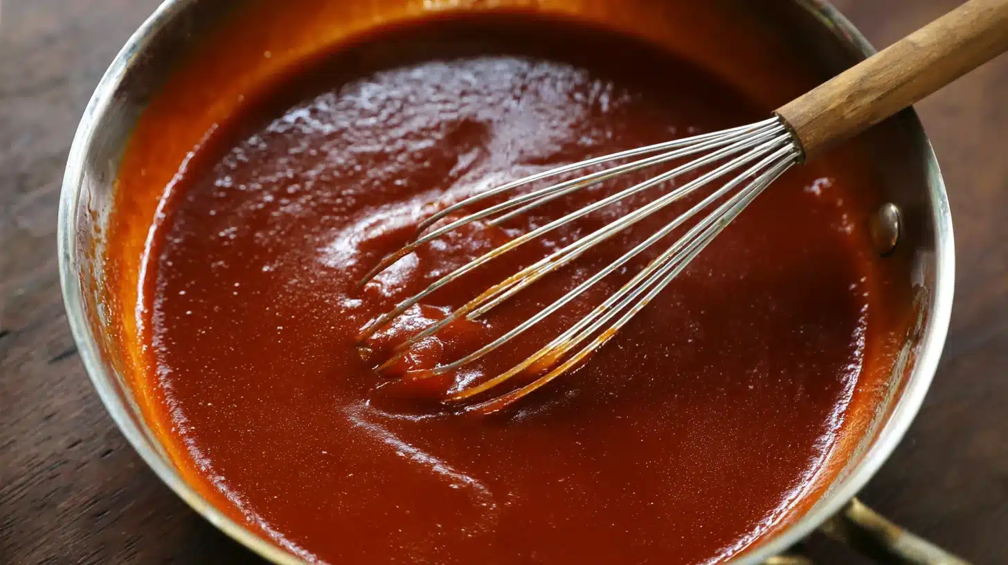 Whisking cornstarch slurry into sauce Thickening teriyaki glaze for grilled teriyaki chicken thighs