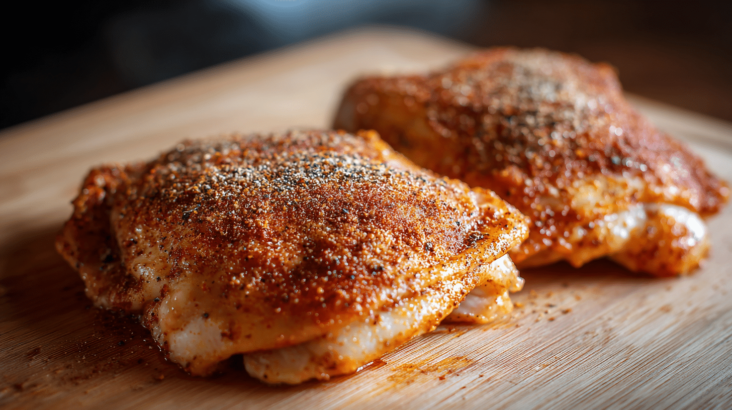 Coating chicken thighs with seasoning rubbing mexican spice blend onto chicken thighs
