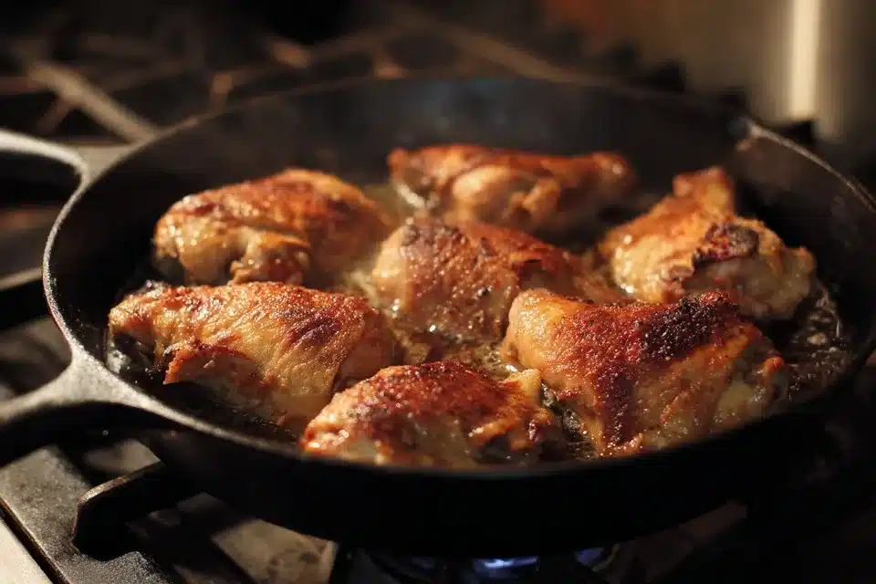 Searing seasoned chicken Cajun Chicken and Rice begins by browning seasoned chicken