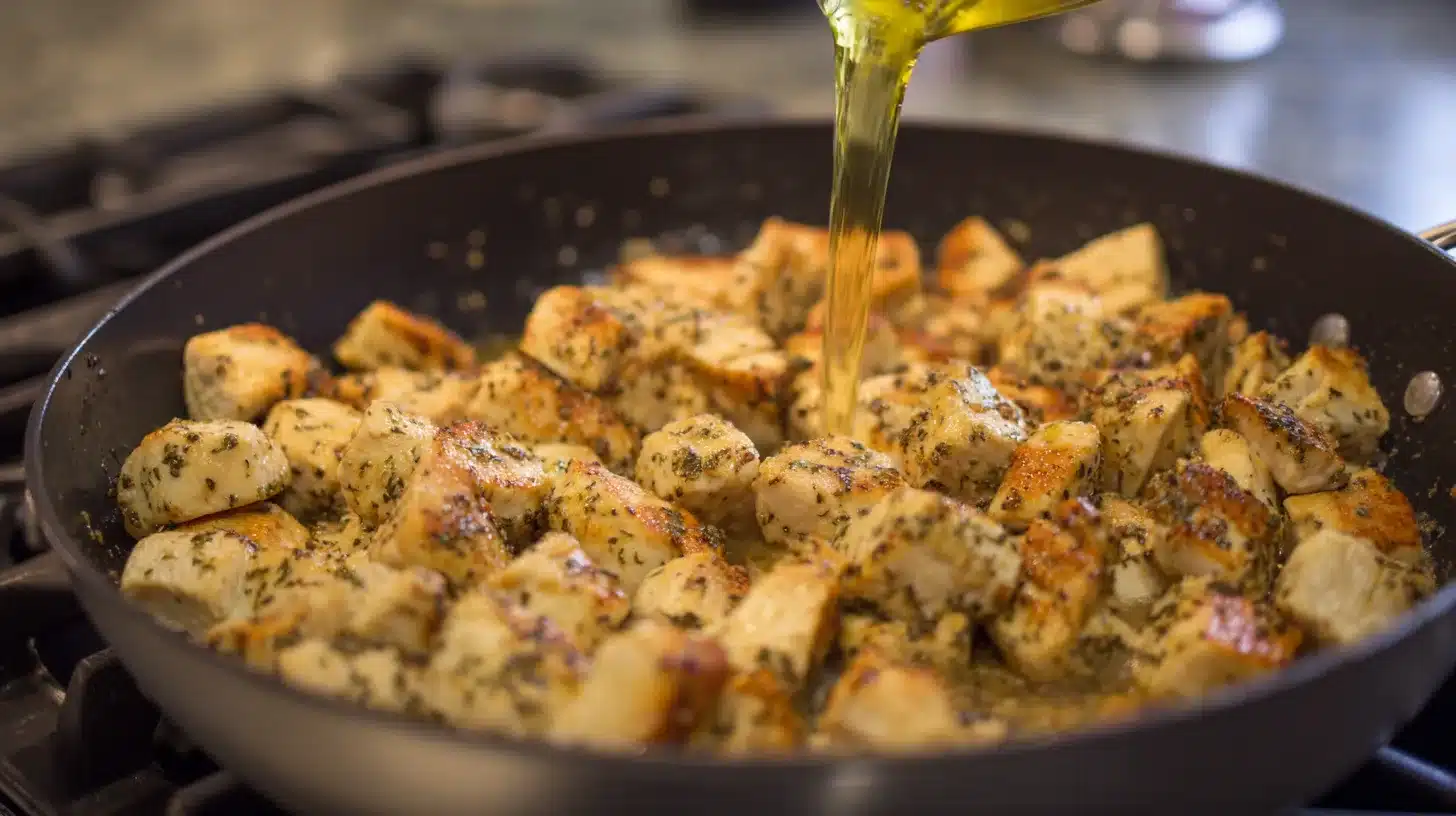 Searing diced chicken in skillet Diced chicken cooking for chicken alfredo orzo