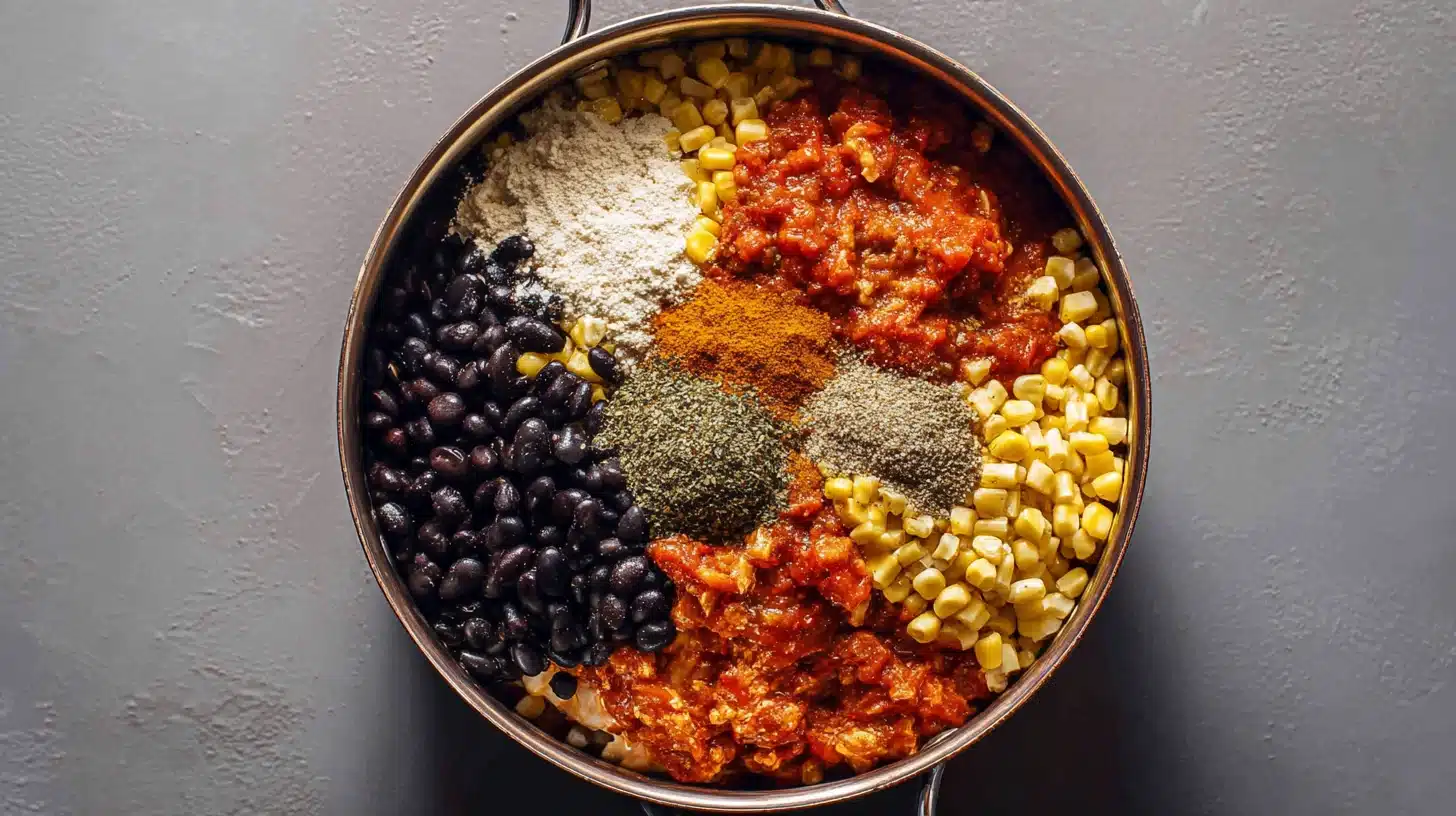 Topping chicken with beans, corn, and salsa Southwest ingredients added to crockpot southwest chicken