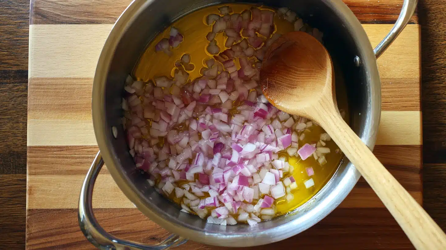 Cooking diced onions in a pot Onion softening for spicy chipotle chicken soup