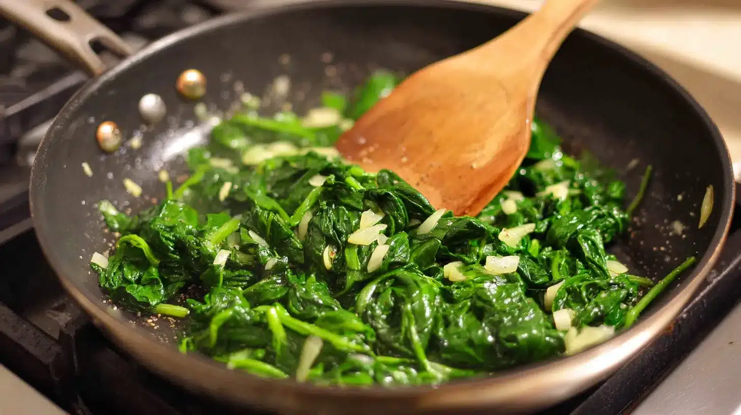 Sautéing garlic and spinach Garlic and spinach sautéed for chicken florentine pizza