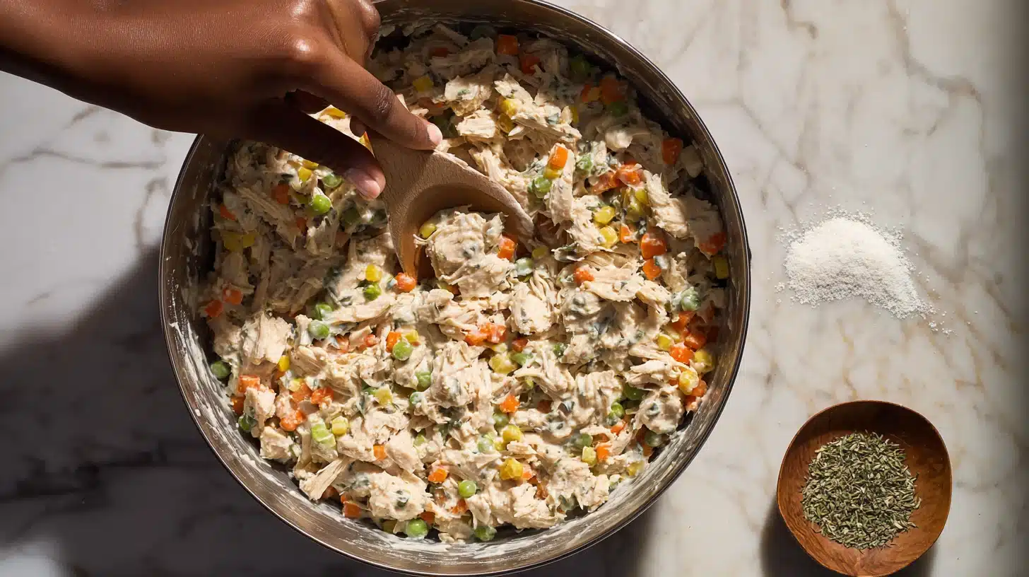 Mixing chicken, soup, and vegetables Stirring filling for chicken pot pie with cream of chicken soup