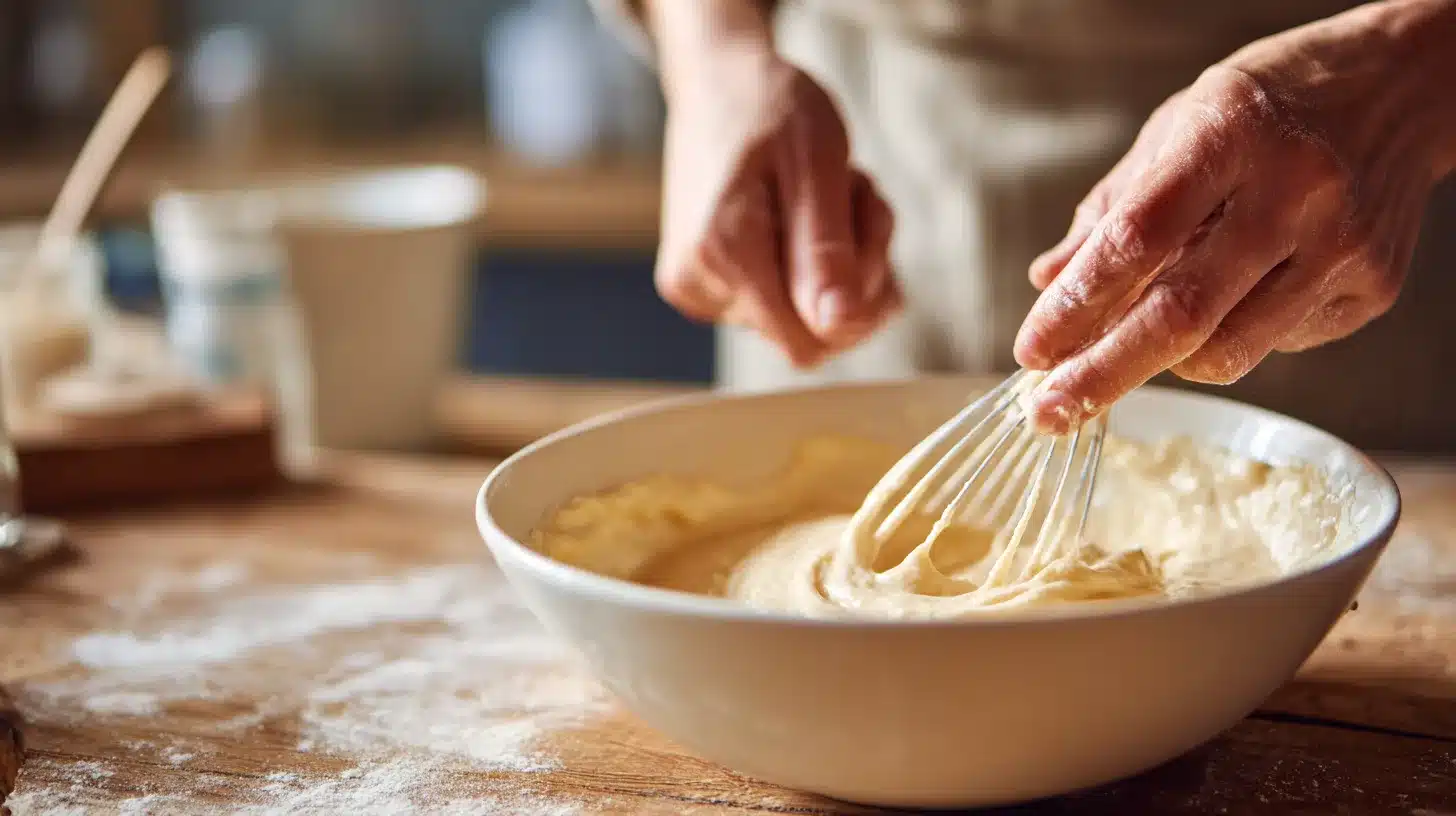 Mixing Greek yogurt and buffalo sauce Stirring base for buffalo chicken dip healthy
