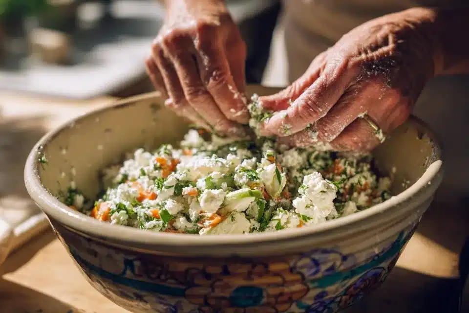 Stirring cottage cheese and herbs into salad ixing cottage cheese into chicken salad with cottage cheese