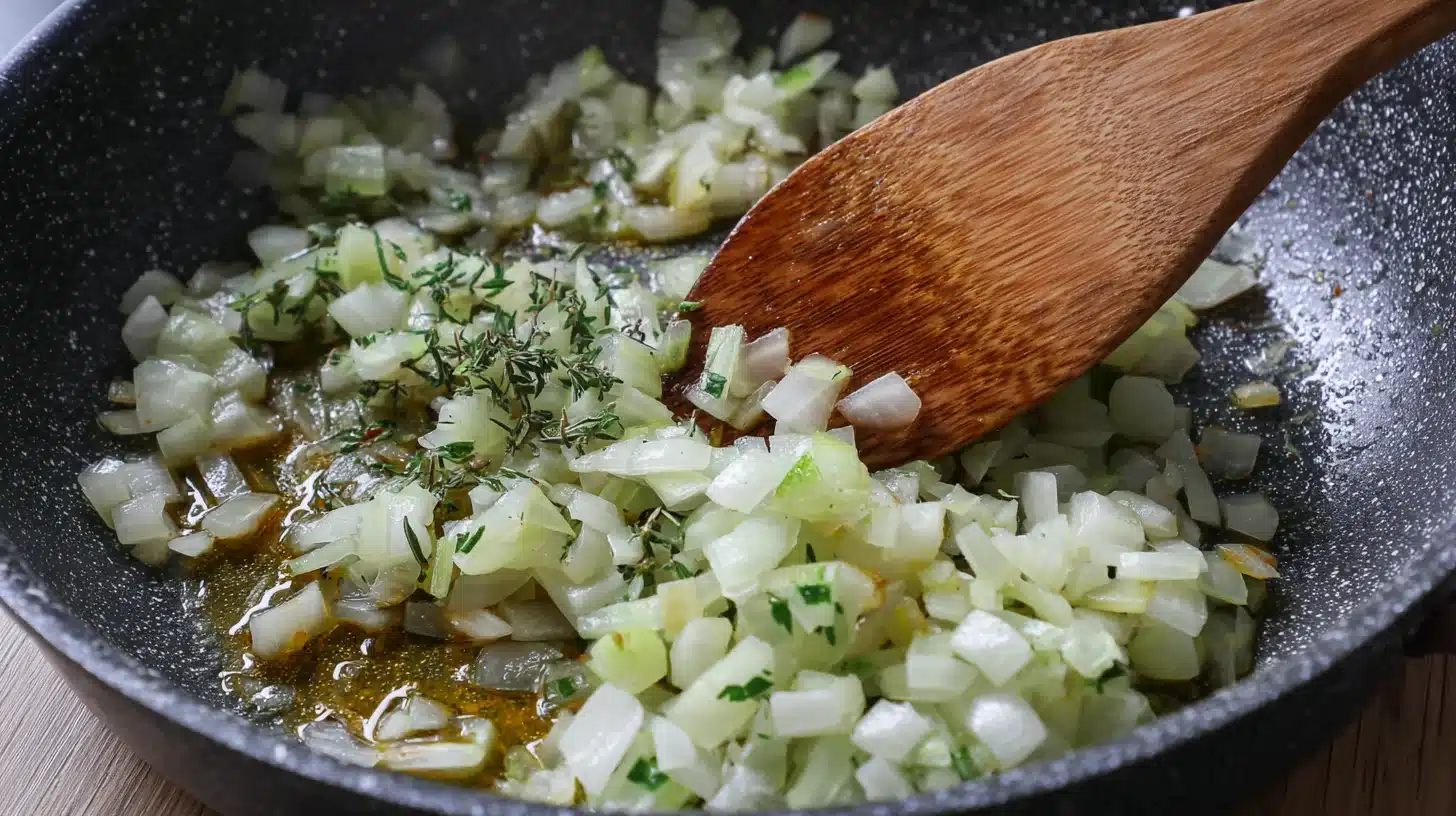 Cooking diced onions in olive oil Sautéing onions for chicken sausage pasta base