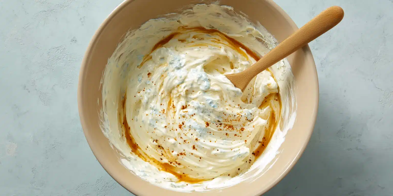 Mixing yogurt, cream cheese, and hot sauce Healthy chicken wing dip recipe base ingredients blended in bowl